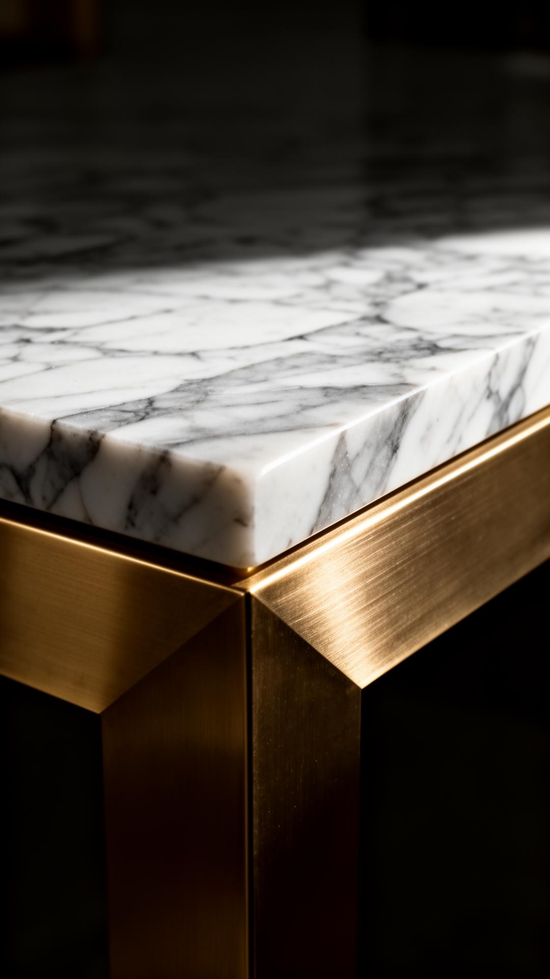 Polished Carrara marble meeting brushed champagne-gold trim
